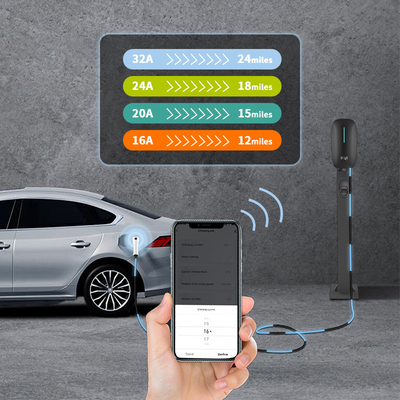 เครื่องชาร์จรถยนต์แบบพกพา 7kW DC ชาร์จเร็ว 220V EV พร้อมการเชื่อมต่อตรวจจับอุณหภูมิและรองพื้นติดผนัง